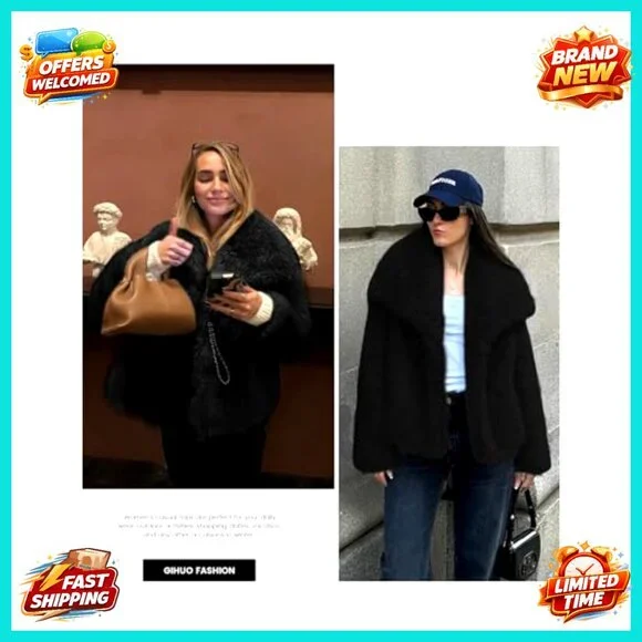 Faux Fur Jacket Oversized Lapel Collar Winter Coat Chic Y2K Retro Style - Picture 7 of 7